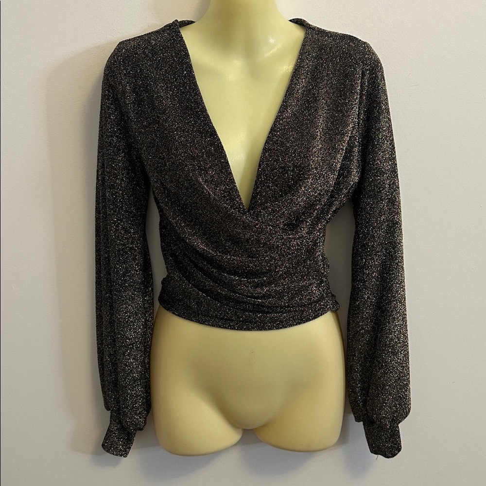 Lush Long Skeeve Metallic Gold Drape Crop Top